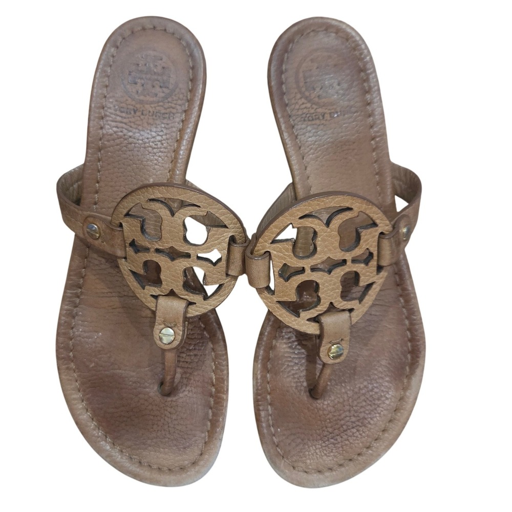 Tory Burch Miller Tan Leather Thong Sandals Gold Logo Medallion Flat Shoes 37